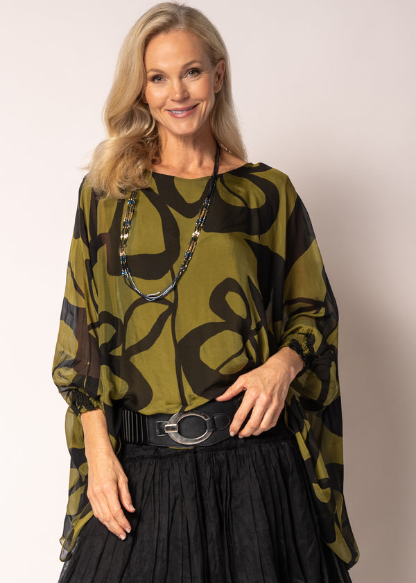 Mondany Silk Top in Green Olive - Imagine Fashion Australia