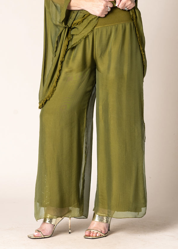 Karolina Silk Pants in Green Olive - Imagine Fashion Australia