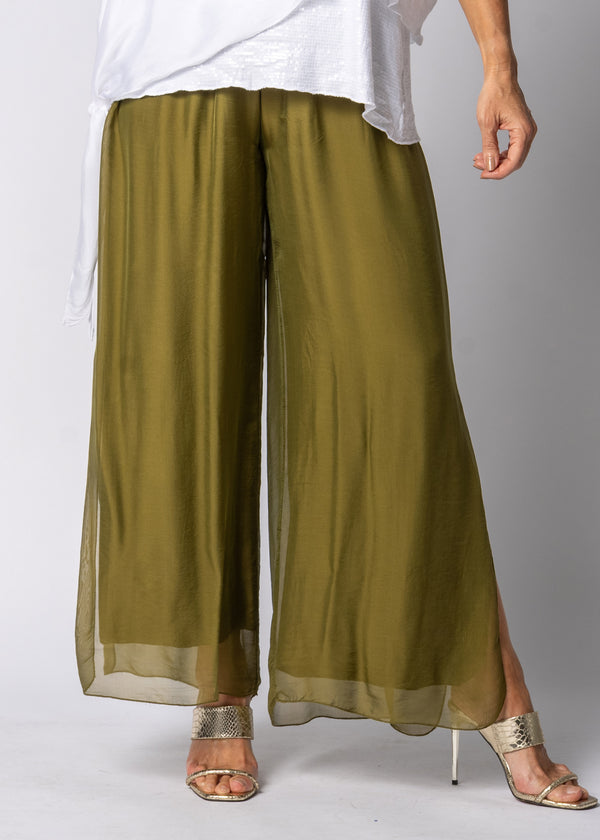 Gia Silk Pants in Green Olive - Imagine Fashion Australia