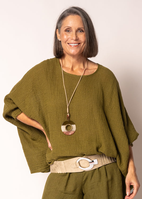 Mallory Linen Top in Green Olive - Imagine Fashion Australia