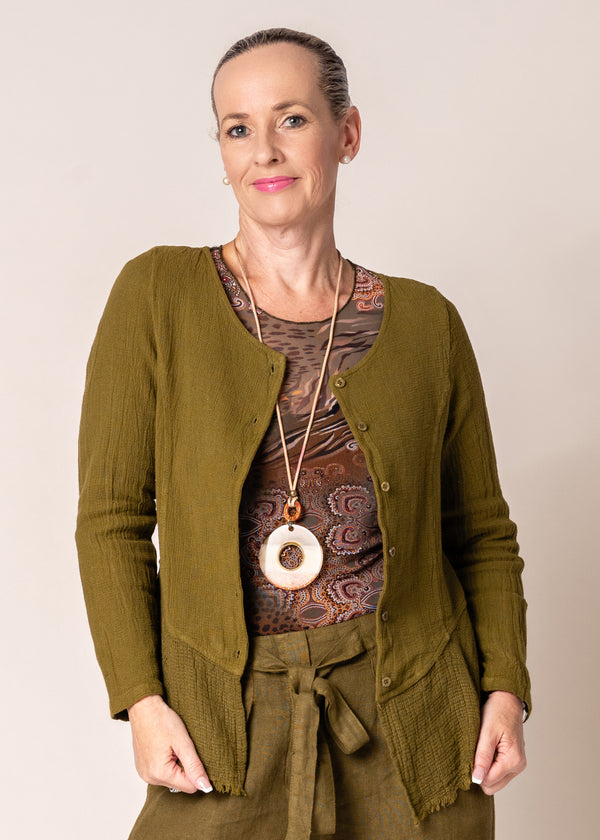 Natalia Linen Jacket in Green Olive - Imagine Fashion Australia