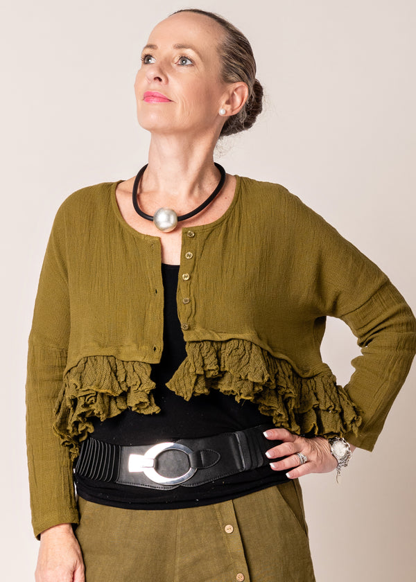 Patsy Linen Jacket in Green Olive - Imagine Fashion Australia