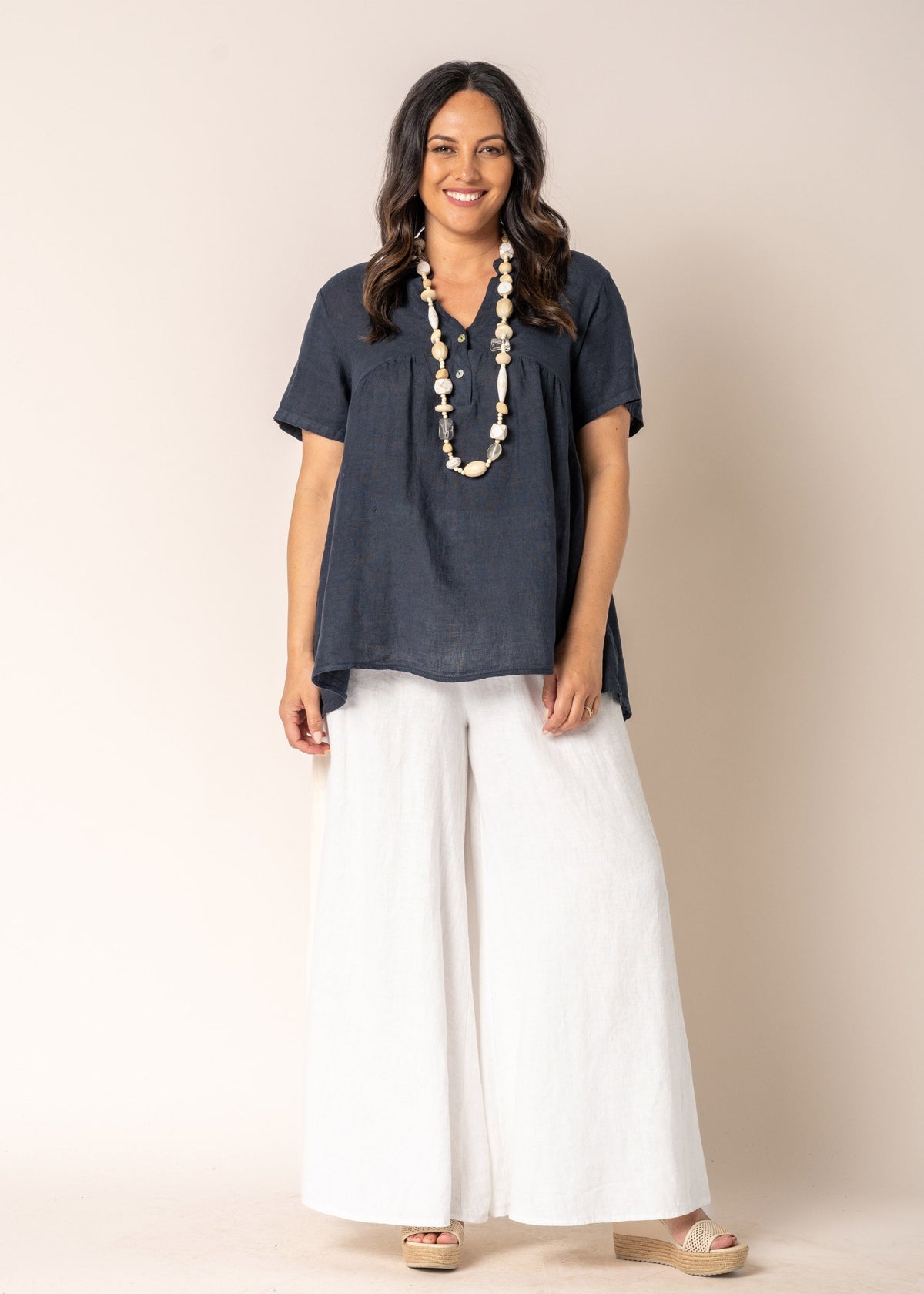 Aster Linen Top in Navy - Imagine Fashion Australia