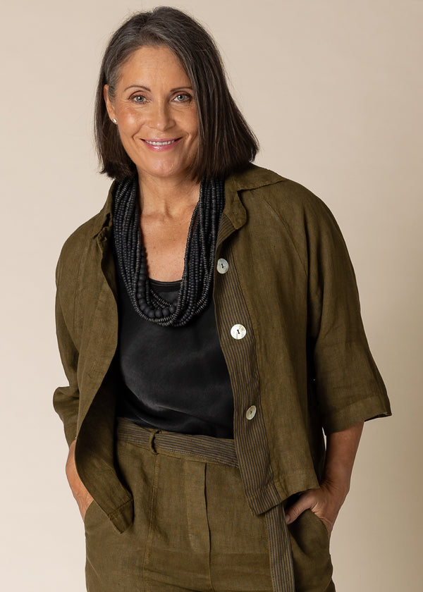 Karey Linen Top in Green Olive - Imagine Fashion Australia