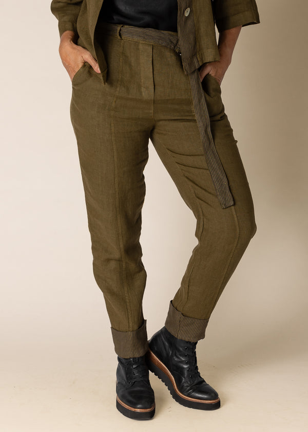 Helena Linen Pants in Green Olive - Imagine Fashion Australia